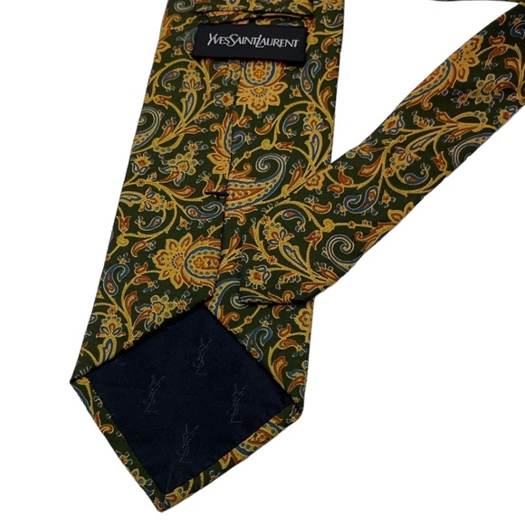 YVES SAIN LAURENT Green/Gold Paisley Silk LUXURY Tie ITALY - Picture 2 of 4